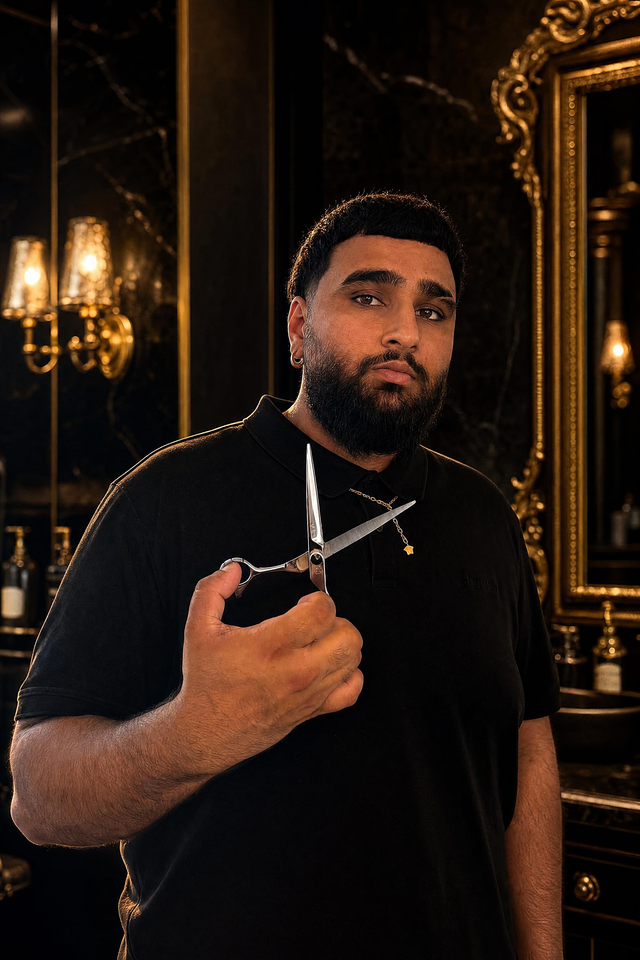Khera, founder of Khera the Barber, holding his shears in a black and gold studio portrait