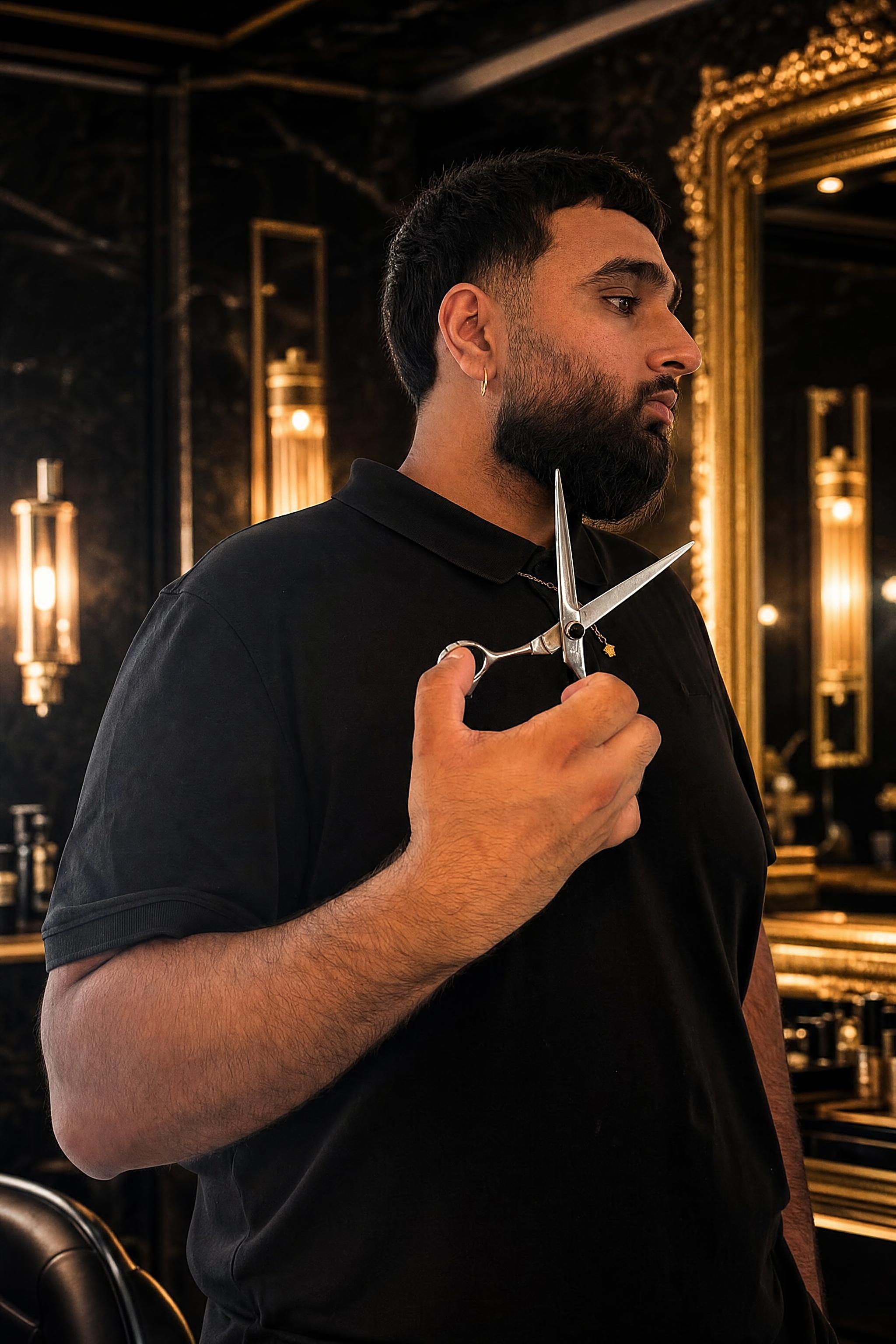 Khera in profile, shears in hand
