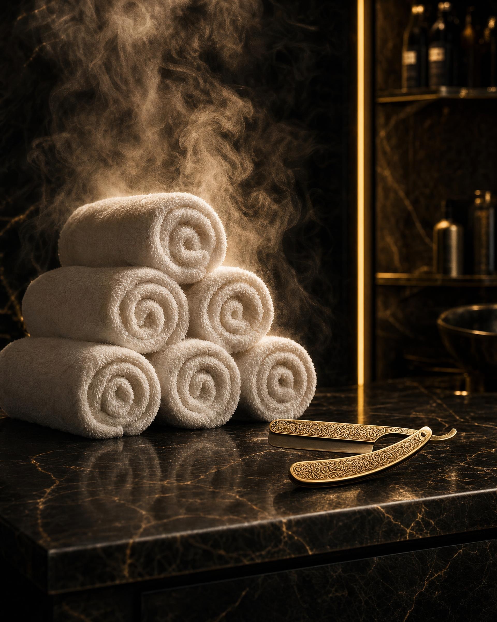 Steaming hot towels stacked on dark marble beside a gold straight razor